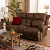 Baxton Studio 7075I52D-Light Brown-Loveseat Baxton Studio Buckley Modern and Contemporary Light Brown Faux Leather Upholstered 2-Seater Reclining Loveseat with Console